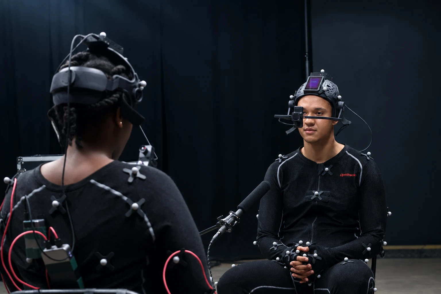 Two Recall actors seated opposite each other in OptiTrack suits and FACEGOOD P3 facial capture headsets