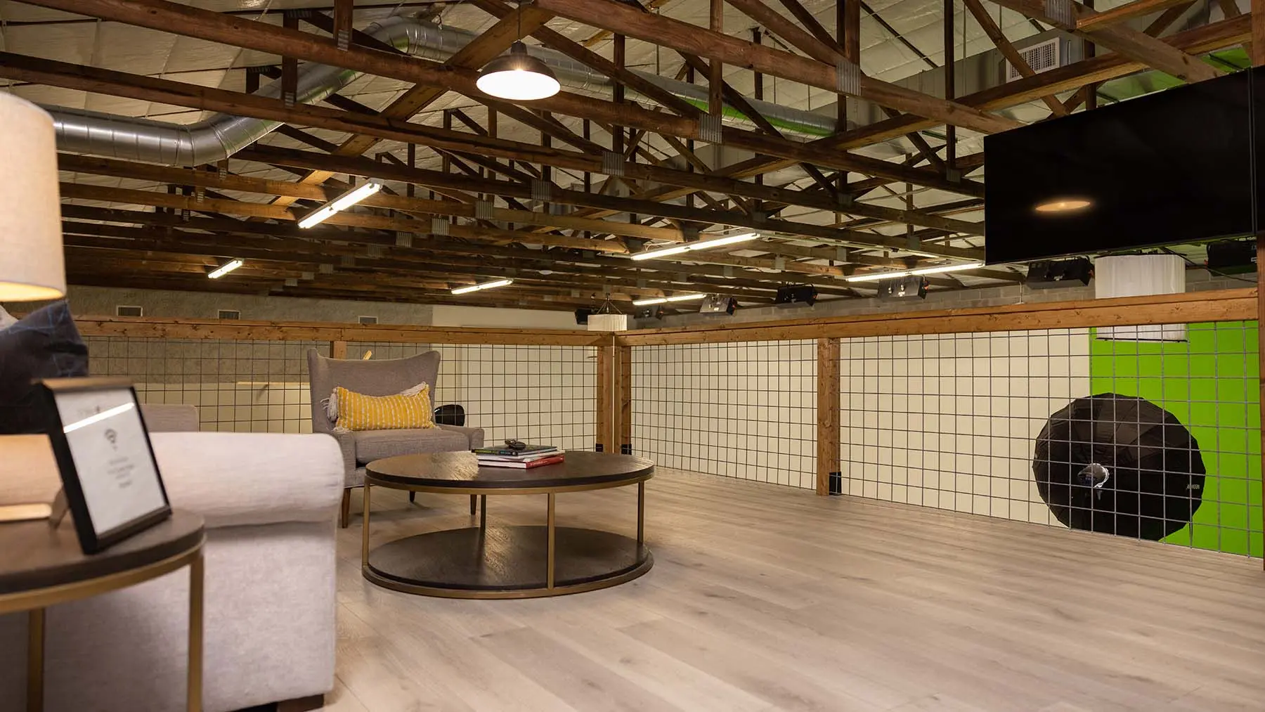 Client lounge with seating and stage view