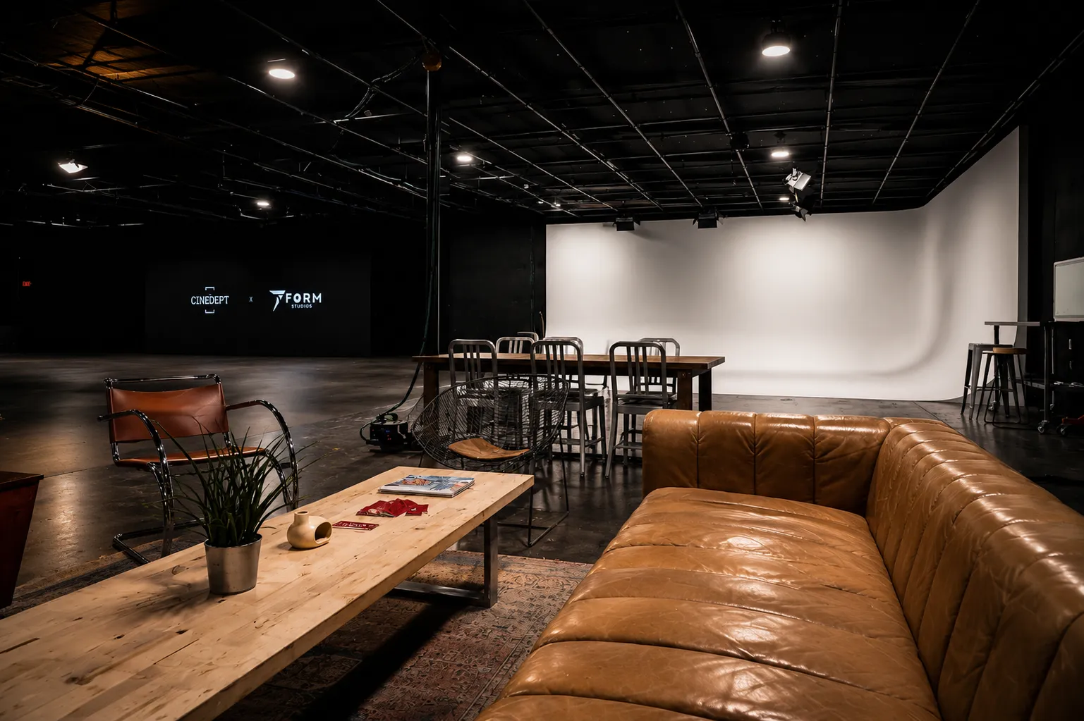 Client lounge with the production stage and cyclorama beyond